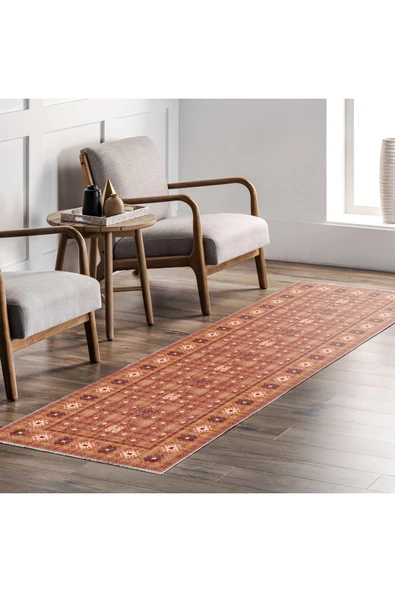 Pastel Home Turuncu Klasik Şönil Halı Kilim Yolluk Kaymaz Yıkanabilir Koridor Mutfak Oturma Odası Çocuk Odası - 7
