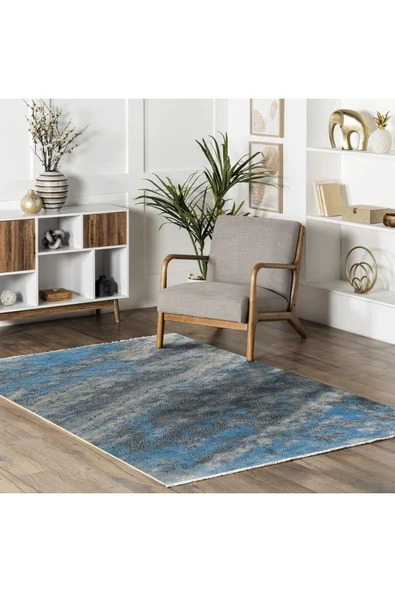 Pastel Home Antrasit Gri Mavi Abstract Şönil Halı Kilim Yolluk Kaymaz Taban Yıkanabilir Saçaklı - Resim 5