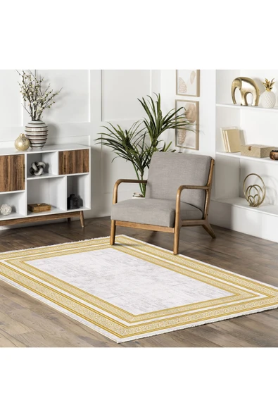Pastel Home Altın Sarısı Çerçeveli Gri Şönil Halı Yolluk Kilim Salon Koridor Mutfak Kaymaz Yıkanabilir - 5