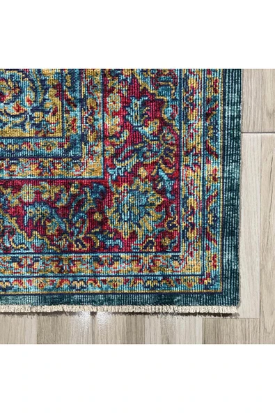 Pastel Home Vintage Yeşil Şönil Halı Kilim Yolluk Kaymaz Yıkabanilir Saçaklı Salon Mutfak Koridor - 2