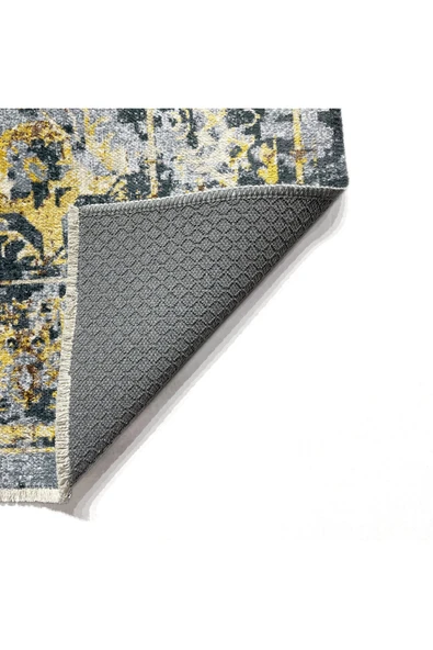 Pastel Home Gri Antrasit Eskitme Halı Yolluk Altın Sarısı, Yıkanabilir, Kaymaz Tabanlı, Kendinden Saçaklı - Resim 3