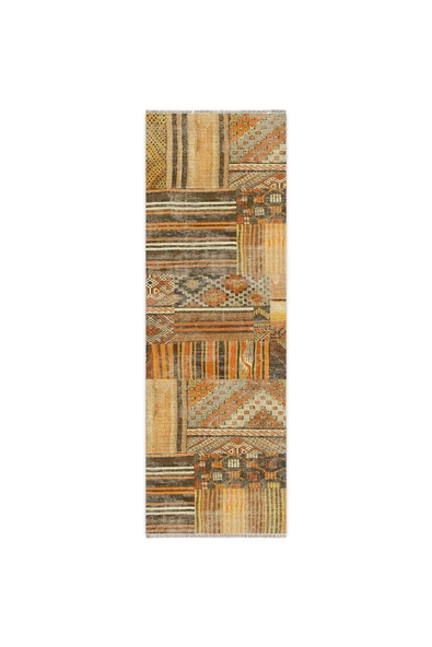 Pastel Home Turuncu Patchwork Şönil Halı Kilim Yolluk Kaymaz Yıkanabilir Saçaklı Salon Koridor Mutfak - 6