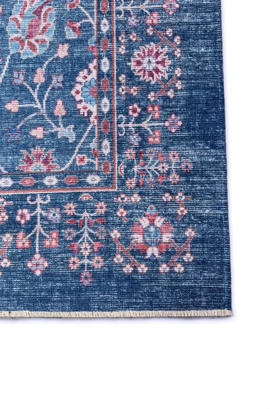 Pastel Home Eskitme mavi etnik desenli şönil kendinden saçaklı halı kilim yolluk yıkanabilir kaymaz taban - Resim 10