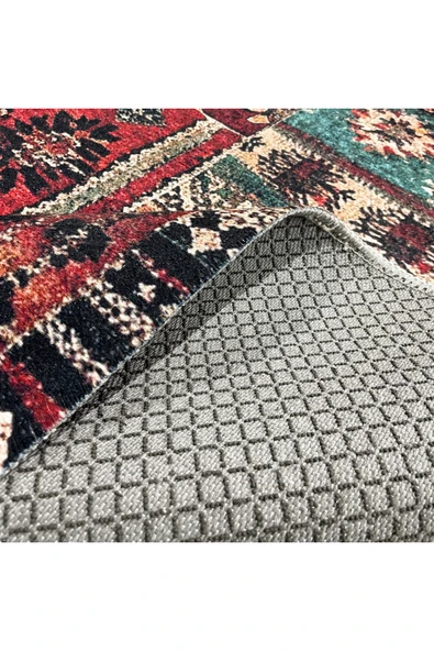 Pastel Home Vintage Bordo Yeşil Patchwork Şönil Halı Kilim Yolluk Kaymaz Yıkanabilir Saçaklı Mutfak Salon - 4