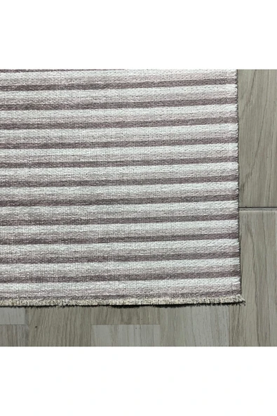 Pastel Home Modern Çizgili Açık Gri Kaymaz Şönil Halı Saçaklı Robot Süpürge Uyumlu Yıkanabilir Yolluk Kilim - 6