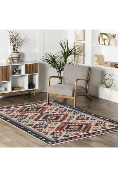 Pastel Home Bej Kırmızı Lacivert Anadolu Kilim Şönil Halı Yolluk Kaymaz Yıkanabilir Mutfak Koridor Salon - 5