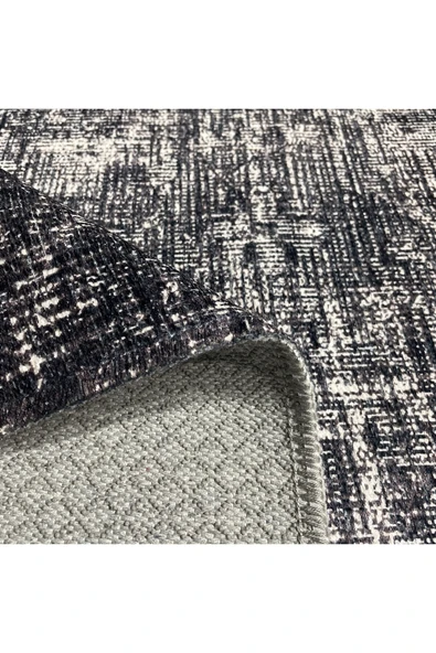 Pastel Home Siyah Antrasit Gri Vintage Şönil Halı Kilim Yolluk Yıkanabilir Kaymaz Kendinden Saçaklı - 4