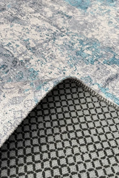 Pastel Home Gri Turkuaz Vintage Klasik Şönil Halı Kilim Yolluk Kaymaz Yıkanabilir Saçaklı Oturma Odası Mutfak - Resim 5