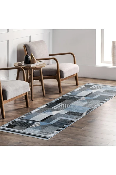 Pastel Home Modern Geometrik Şönil Halı Kilim Yolluk Mavi Gri Siyah Kaymaz Taban Yıkanabilir Saçaklı - Resim 7