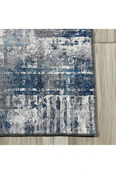 Pastel Home Tasarım Çift Taraflı Yıkanabilir Şönil Halı Kilim Yolluk Gri Turkuaz Mavi Lacivert Abstract - 12