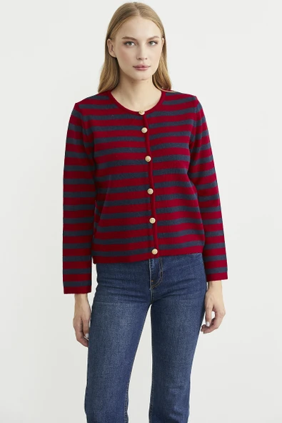 Renkli Çizgili Triko Kısa  Hırka - Kırmızı ürün görseli