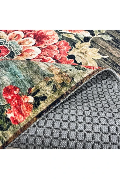 Pastel Home Etnik Çiçekli Karabağ Desenli Şönil Halı Kilim Kaymaz Pamuk Taban Kendinden Saçaklı Yıkanabilir - 4