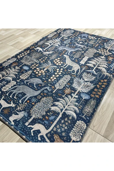 Pastel Home Tasarım Çift Taraflı Yıkanabilir Şönil Halı Kilim Yolluk Doğa Ve Orman Temalı Mavi Lacivert Eskitme - 13
