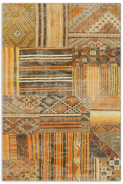 Pastel Home Turuncu Patchwork Şönil Halı Kilim Yolluk Kaymaz Yıkanabilir Saçaklı Salon Koridor Mutfak