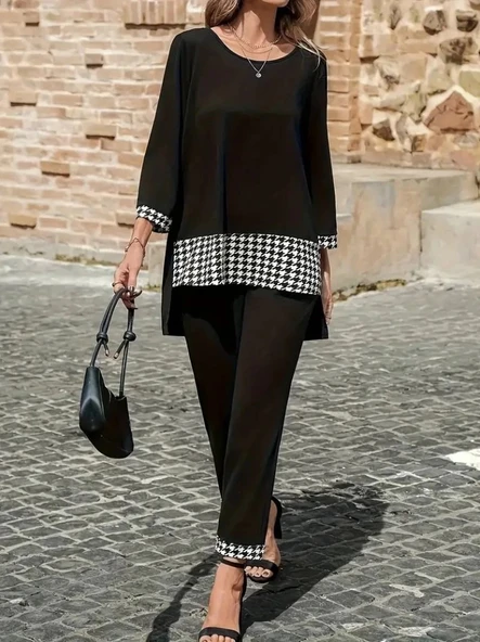 MDB Kadın Uzun Kollu Yuvarlak Yakalı Kaz Ayağı Detaylı Viskon Iki Iplik Bluz Ve Pantolon Ikili Takım - Resim 2