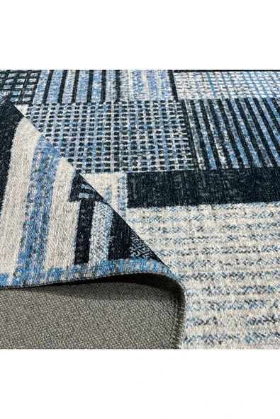Pastel Home Modern Geometrik Şönil Halı Kilim Yolluk Mavi Gri Siyah Kaymaz Taban Yıkanabilir Saçaklı - Resim 4