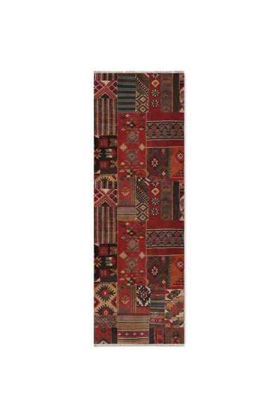 Pastel Home Kırmızı Patchwork Anadolu Kilim Şönil Halı Yolluk Kaymaz Yıkanabilir Saçaklı Salon Koridor Mutfak - 14