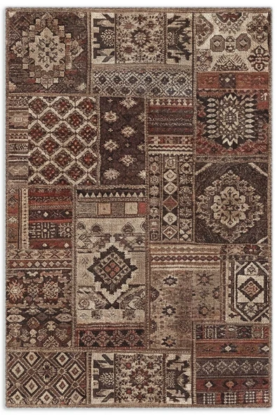 Pastel Home Kahverengi Patchwork Şönil Halı Kilim Yolluk Kaymaz Saçaklı Yıkanabilir Salon Mutfak Kordior ürün görseli 1