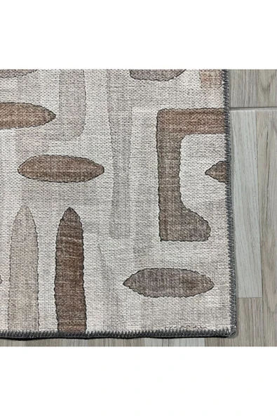 Pastel Home Tasarım Çift Taraflı Yıkanabilir Şönil Halı Kilim Yolluk Bej Kahve Toprak Tonlarında Geometrik - 11