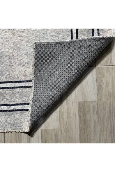Pastel Home Siyah Çerçeveli Gri Şönil Halı Kilim Yolluk Kaymaz Saçaklı Yıkanabilir Koridor Mutfak Salon - Resim 3