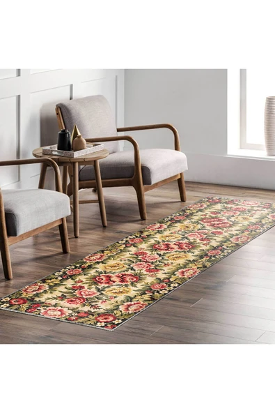 Pastel Home Etnik Çiçekli Karabağ Desenli Şönil Halı Kilim Kaymaz Pamuk Taban Kendinden Saçaklı Yıkanabilir - 15