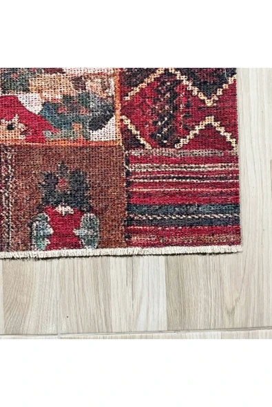 Pastel Home Kırmızı Patchwork Anadolu Kilim Şönil Halı Yolluk Kaymaz Yıkanabilir Saçaklı Salon Koridor Mutfak - 2