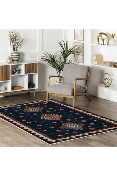 Pastel Home Vintage Lacivert Anadolu Kilim Şönil Halı Yolluk Kaymaz Saçaklı Yıkanabilir Oturma Odası Mutfak - 5
