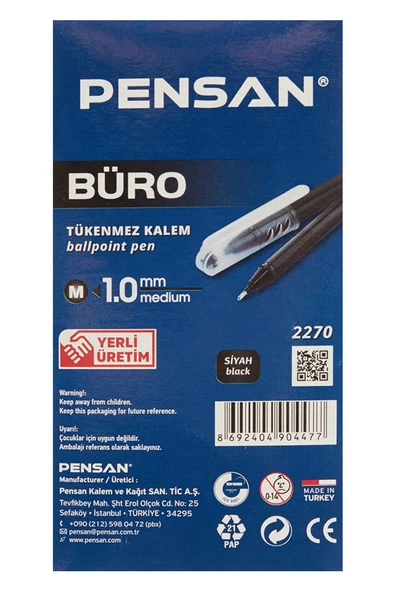 Mavi Tükenmez Kalem 1.0mm 2 Adet Pensan Büro Tipi Ballpoint Büro Plastik Kapaklı Tükenmez Kalem - 3