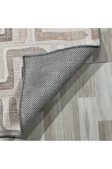 Pastel Home Tasarım Çift Taraflı Yıkanabilir Şönil Halı Kilim Yolluk Bej Kahve Toprak Tonlarında Geometrik - 13