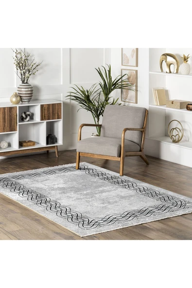 Pastel Home Çerçeveli Gri Şönil Halı Kilim Yolluk Kaymaz Yıkanabilir Saçaklı Mutfak Salon Oturma Odası Koridor - 5
