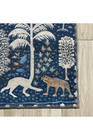 Pastel Home Tasarım Çift Taraflı Yıkanabilir Şönil Halı Kilim Yolluk Doğa Ve Orman Temalı Mavi Lacivert Eskitme - 10