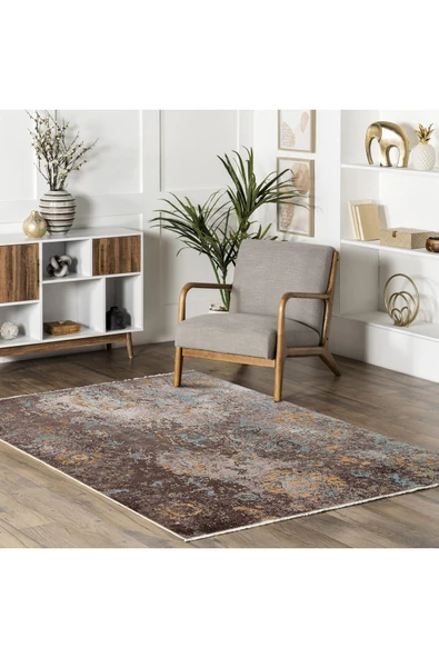 Pastel Home Kahverengi Vizon Hardal Uyumu Tasarım Eskitme Şönil Halı Kilim Yolluk Yıkanabilir Çift Taraflı - 10