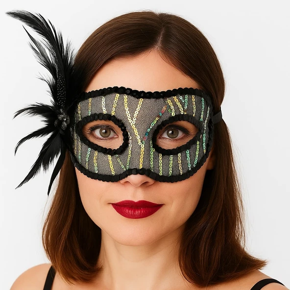 Siyah Renk Yandan Tüylü Pul Payet İşlemeli Parti Maskesi 23x12 cm ürün görseli 1