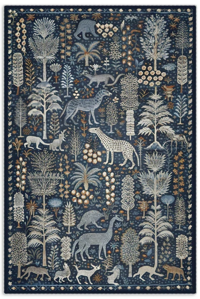 Pastel Home Tasarım Çift Taraflı Yıkanabilir Şönil Halı Kilim Yolluk Doğa Ve Orman Temalı Mavi Lacivert Eskitme - 9