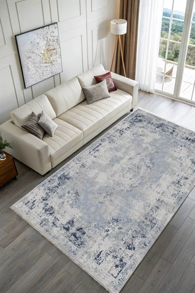 Pastel Home Vintage Mavi Şönil Halı Kilim Yolluk Kendinden Saçaklı Kaymaz Yıkanabilir Salon Mutfak Koridor - Resim 2