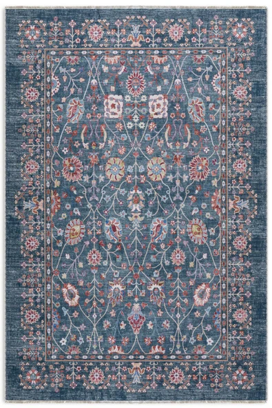 Pastel Home Eskitme mavi etnik desenli şönil kendinden saçaklı halı kilim yolluk yıkanabilir kaymaz taban - Resim 8
