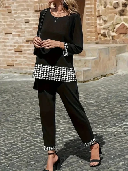 MDB Kadın Uzun Kollu Yuvarlak Yakalı Kaz Ayağı Detaylı Viskon Iki Iplik Bluz Ve Pantolon Ikili Takım ürün görseli