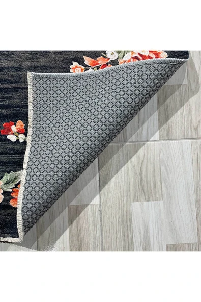 Pastel Home Etnik Çiçekli Karabağ Desenli Şönil Halı Kilim Kaymaz Pamuk Taban Kendinden Saçaklı Yıkanabilir - 3