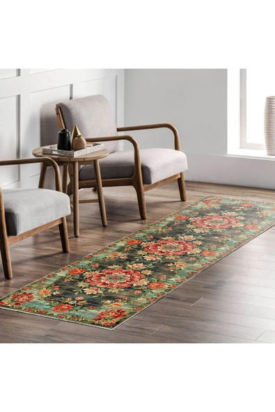 Pastel Home Etnik Çiçekli Karabağ Desenli Şönil Halı Kilim Kaymaz Pamuk Taban Kendinden Saçaklı Yıkanabilir - 7