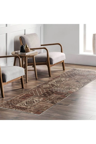 Pastel Home Kahverengi Patchwork Şönil Halı Kilim Yolluk Kaymaz Saçaklı Yıkanabilir Salon Mutfak Kordior - Resim 7