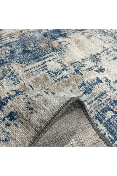 Pastel Home Tasarım Çift Taraflı Yıkanabilir Şönil Halı Kilim Yolluk Eskitme Çerçeveli Mavi - 4