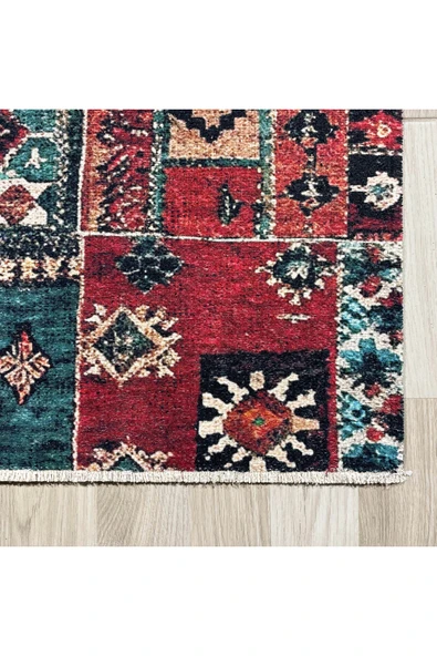 Pastel Home Vintage Bordo Yeşil Patchwork Şönil Halı Kilim Yolluk Kaymaz Yıkanabilir Saçaklı Mutfak Salon - 2