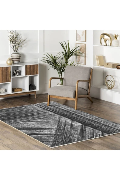 Pastel Home Modern Çizgili Siyah Gri Şönil Halı Kilim Yolluk Kaymaz Yıkanabilir Kendinden Saçaklı - Resim 13