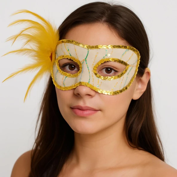 Altın Renk Yandan Tüylü Pul Payet İşlemeli Parti Maskesi 23x12 cm ürün görseli 1