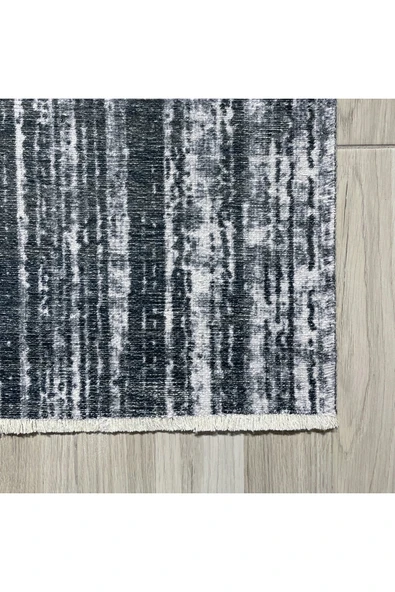 Pastel Home Modern Çizgili Siyah Gri Şönil Halı Kilim Yolluk Kaymaz Yıkanabilir Kendinden Saçaklı - Resim 10