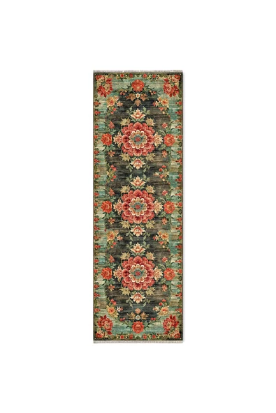 Pastel Home Etnik Çiçekli Karabağ Desenli Şönil Halı Kilim Kaymaz Pamuk Taban Kendinden Saçaklı Yıkanabilir - 6