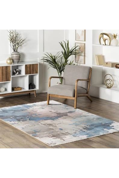 Pastel Home Tasarım Çift Taraflı Yıkanabilir Şönil Halı Kilim Yolluk Abstract Mavi Gri - 2