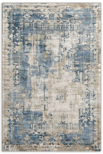 Pastel Home Tasarım Çift Taraflı Yıkanabilir Şönil Halı Kilim Yolluk Eskitme Çerçeveli Mavi - 9