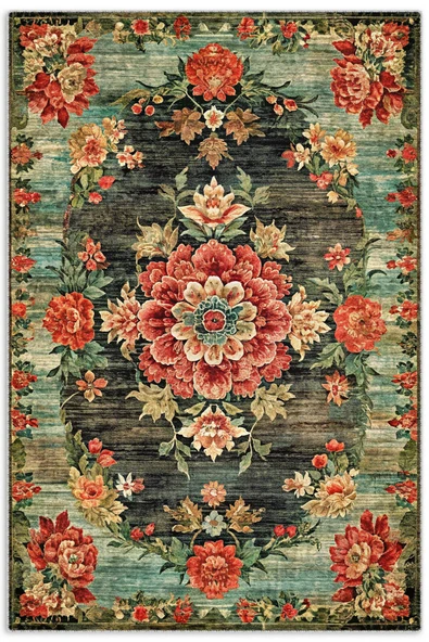 Pastel Home Etnik Çiçekli Karabağ Desenli Şönil Halı Kilim Kaymaz Pamuk Taban Kendinden Saçaklı Yıkanabilir