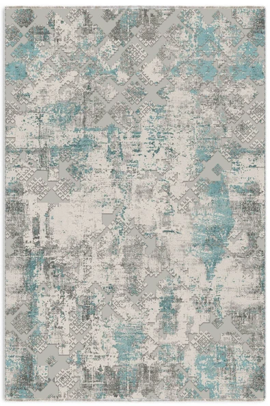 Pastel Home Etnik Turkuaz Gri Şönil Halı Kilim Yolluk Kaymaz Yıkanabilir Kendinden Saçaklı Mutfak Koridor Salon ürün görseli 1
